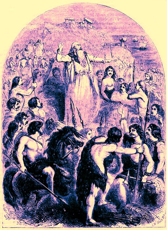 De druïden die de Britten aansporen om de landing van de Romeinen te weerstaan, illustratie uit Cassells Illustrated Universal History door Edward Ollier, gepubliceerd 1890 door English School