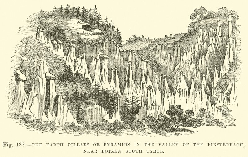De aardpilaren of piramides in de vallei van de Finsterbach, nabij Botzen, Zuid-Tirol door English School