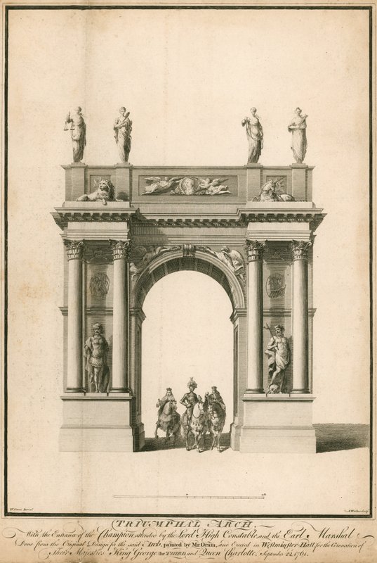 De entree van de kampioen, vergezeld door de Lord High Constable en de Earl Marshal, door de triomfboog door English School