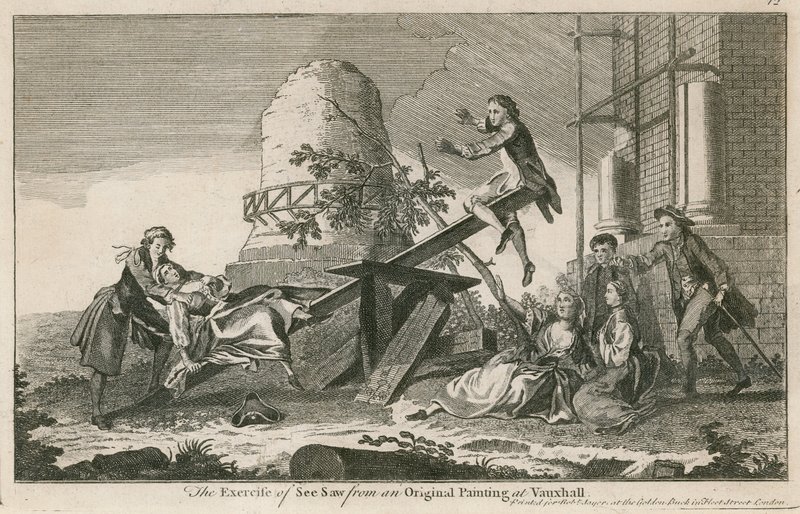 De oefening van wipwappen van een origineel schilderij in de Vauxhall Gardens, Londen door English School