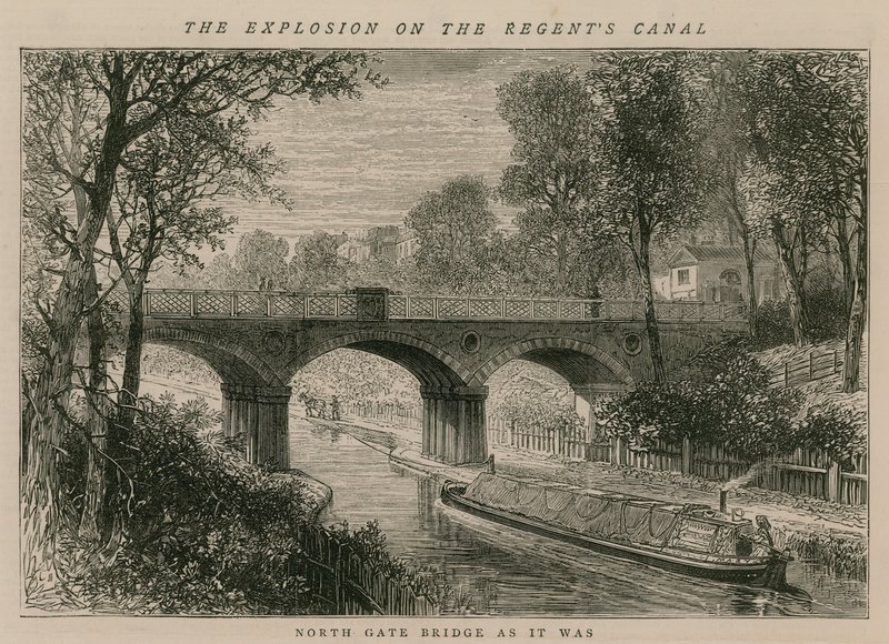 De explosie op het Regents Canal; North Gate Bridge zoals het was door English School