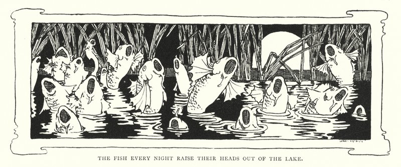 De vissen steken elke nacht hun hoofden uit het meer (gravure) door English School