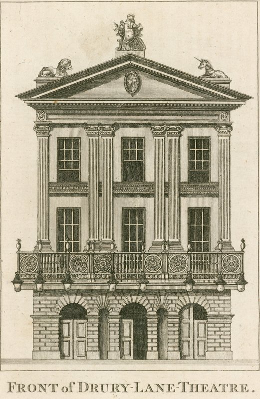 De voorkant van het Drury Lane Theatre, Londen door English School