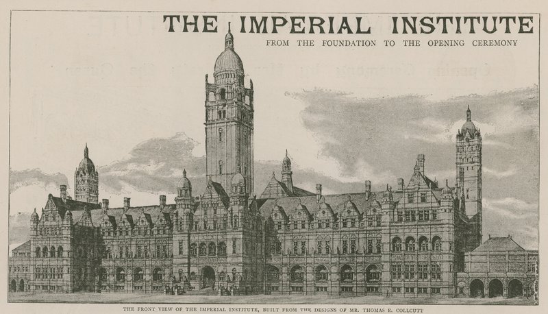 Het vooraanzicht van het Imperial Institute, gebouwd naar de ontwerpen van de heer Thomas E Collcutt door English School