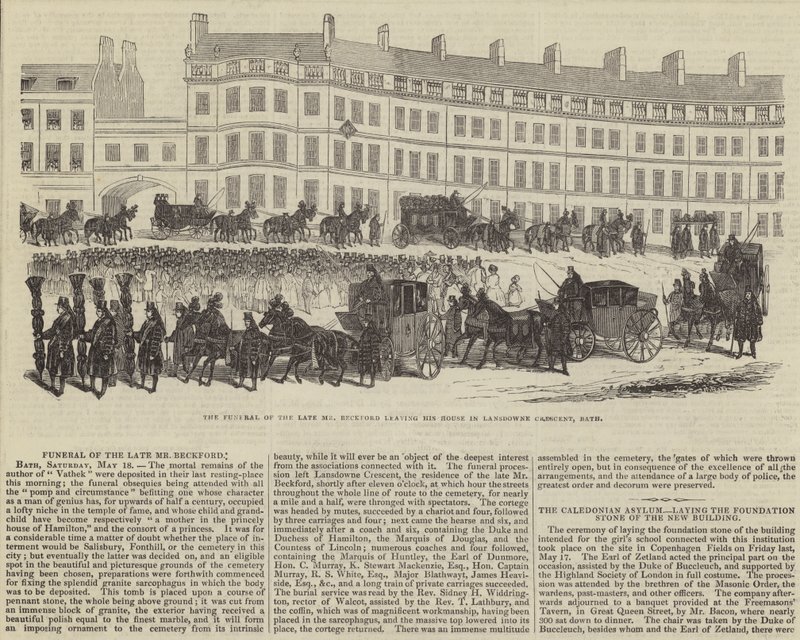 De begrafenis van wijlen de heer William Beckford, vertrekkend van zijn huis in Lansdowne Crescent, Bath (gravure) door English School