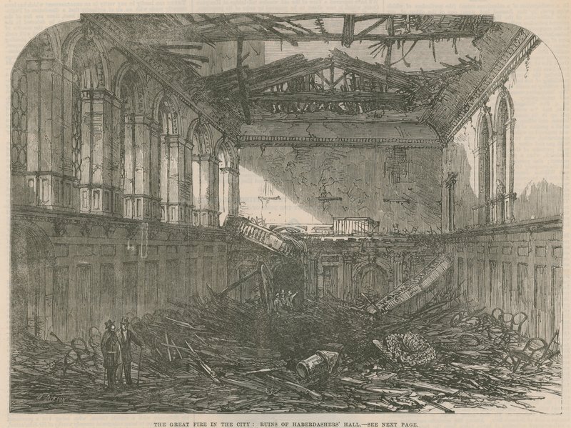De grote brand van de stad: ruïnes van Haberdashers Hall door English School