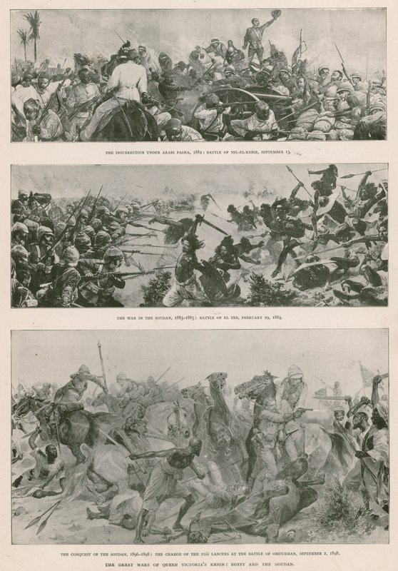 De grote oorlogen van het bewind van koningin Victoria: de Anglo-Egyptische oorlog (1882), de Mahdistische opstand (1883-1885), en de Britse verovering van Soedan (1896-1898) door English School
