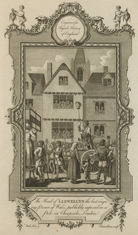 Het hoofd van Llewellyn, de laatste regerende Prins van Wales, publiekelijk tentoongesteld op een paal in Cheapside, Londen door English School