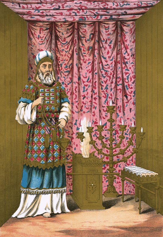 De hogepriester, met zijn efod en borstschild, in de heilige plaats door English School
