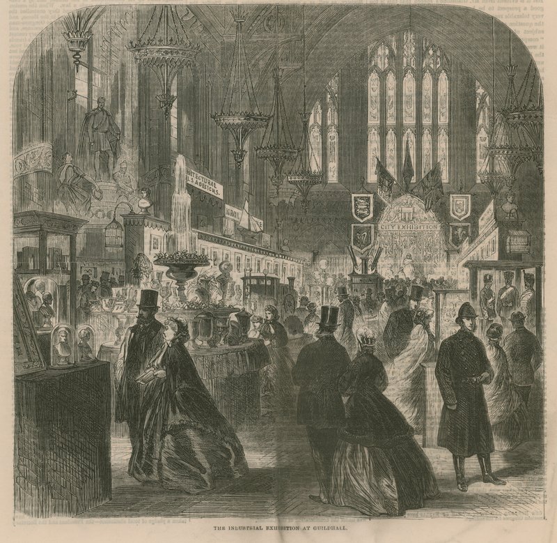 De industriële tentoonstelling in Guildhall, Londen door English School