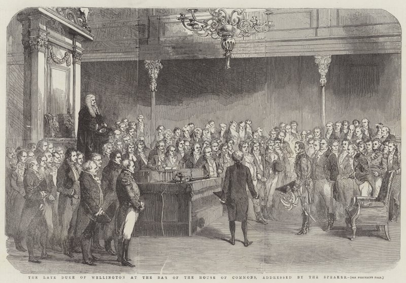 De overleden Hertog van Wellington aan de balie van het Lagerhuis, toegesproken door de voorzitter door English School