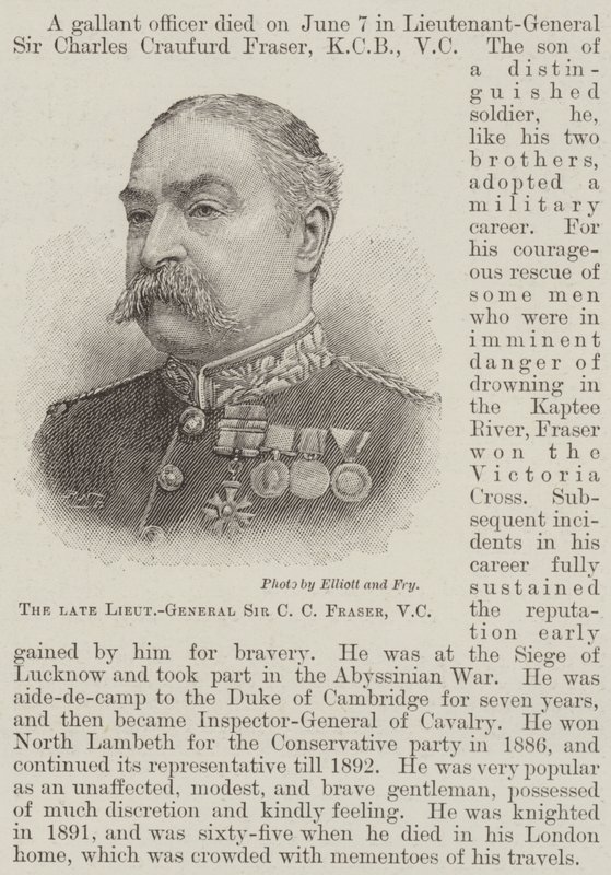 De overleden Luitenant-Generaal Sir C C Fraser, VC (gravure) door English School