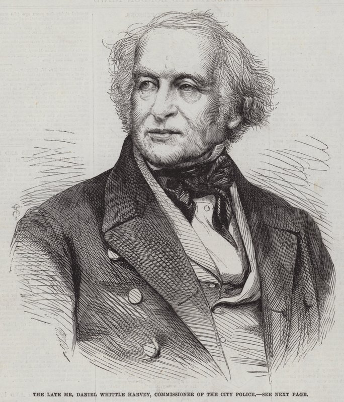 De overleden Mr Daniel Whittle Harvey, Commissaris van de Stads Politie (gravure) door English School