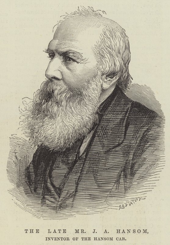 De overleden Mr J A Hansom, uitvinder van de Hansom Cab door English School
