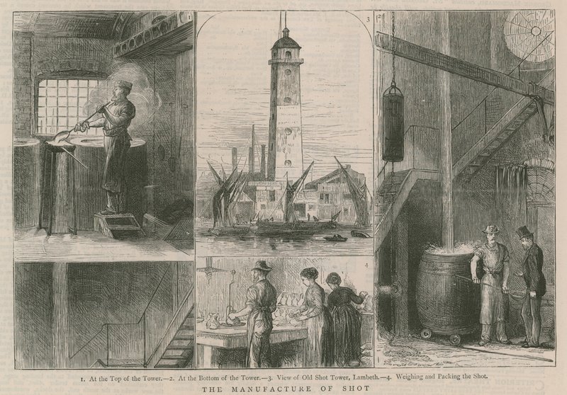 De productie van schot; uitzicht op de Oude Schottoren, Lambeth door English School