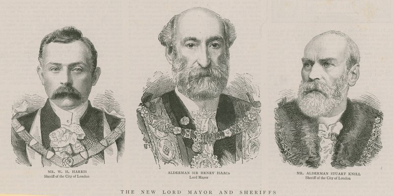 De nieuwe Lord Mayor en Sheriffs: Wethouder Sir Henry Isaacs, Lord Mayor door English School