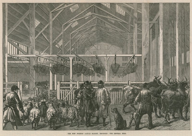 De nieuwe buitenlandse veemarkt, Deptford, Londen - de centrale schuur door English School