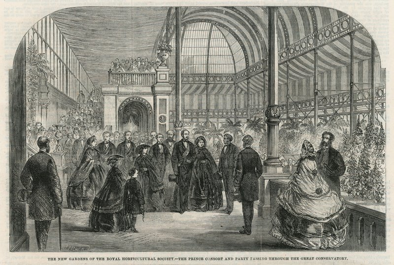 De nieuwe tuinen van de Royal Horticultural Society: De Prins-Gemaal en gezelschap passeren door de grote kas door English School