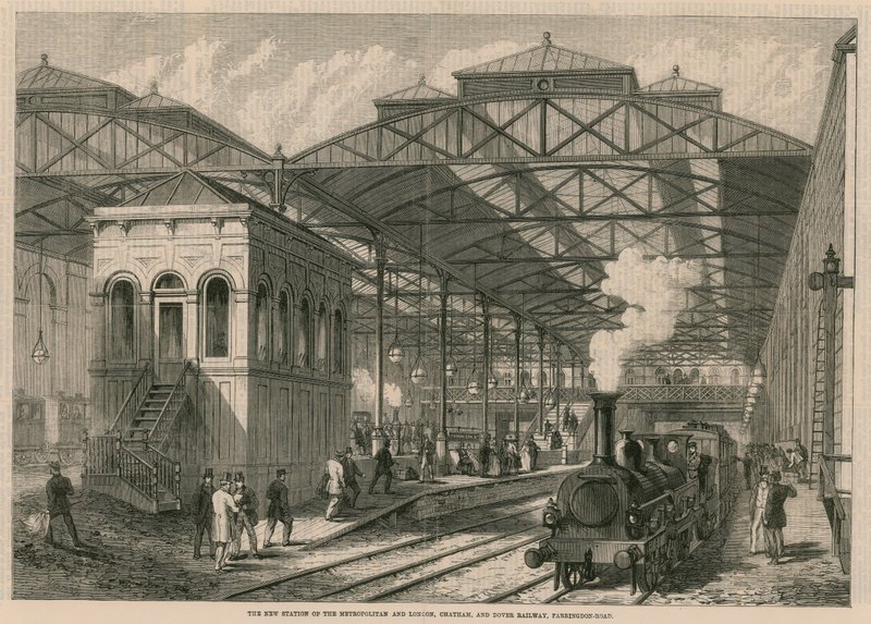 Het nieuwe station van de Metropolitan en London, Chatham en Dover spoorweg, Farringdon Road, Londen door English School