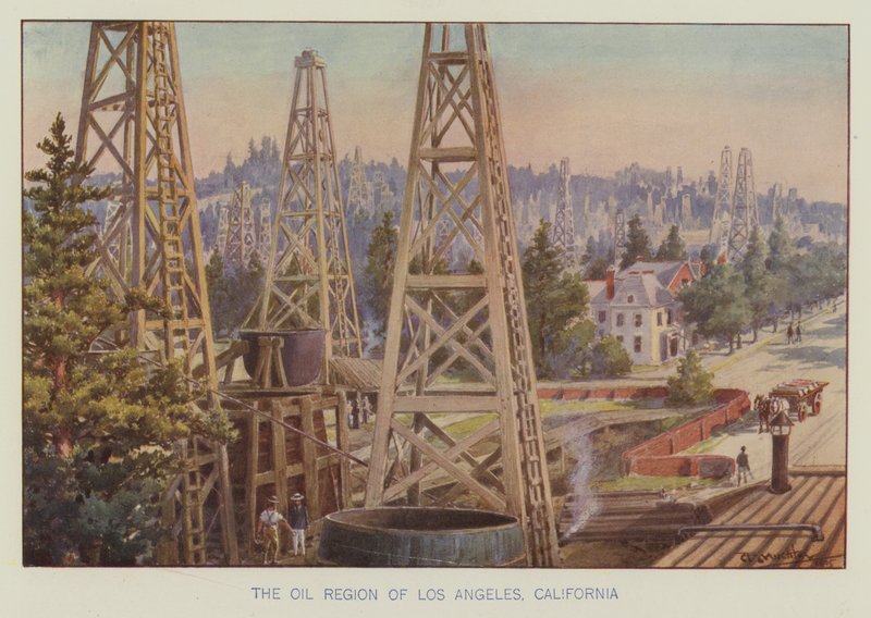 De olie regio van Los Angeles, Californië (kleur litho) door English School
