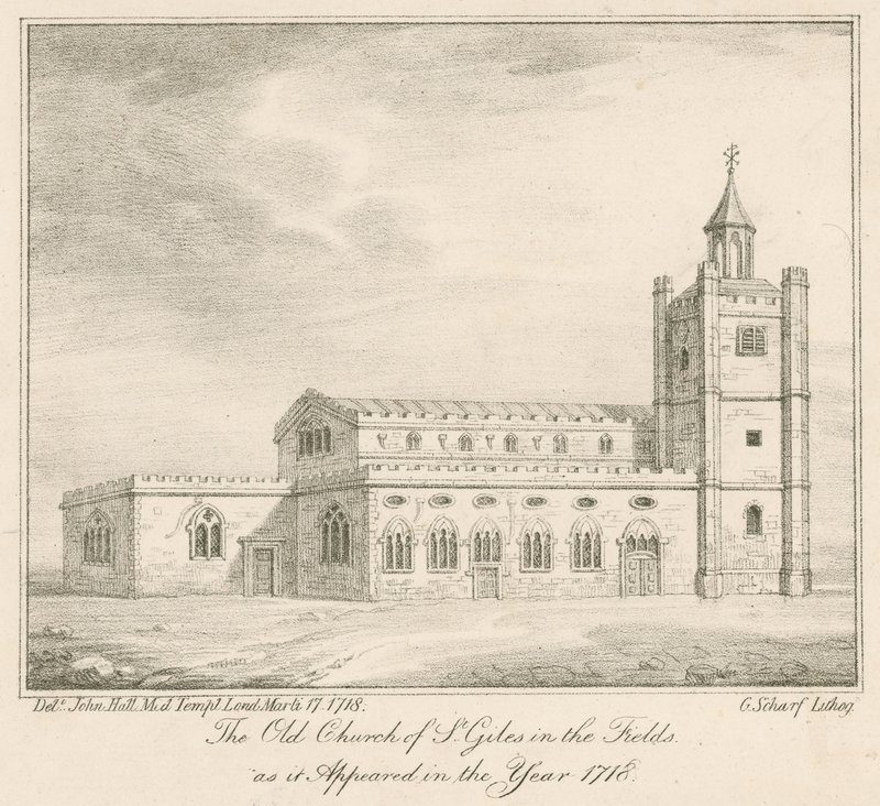 De oude kerk van St Giles in the Fields, Londen, zoals het verscheen in het jaar 1718 door English School