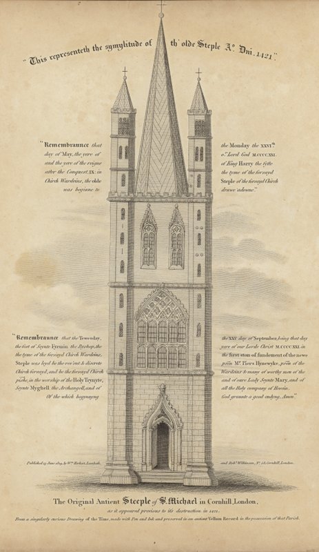 De originele oude toren van St. Michael in Cornhill door English School