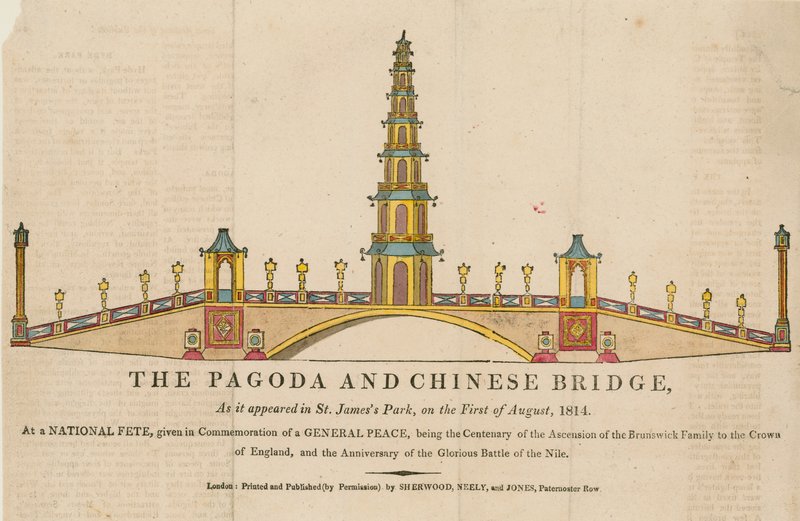 De pagode en brug, zoals het verscheen in St Jamess Park, Londen, op 1 augustus 1814 door English School
