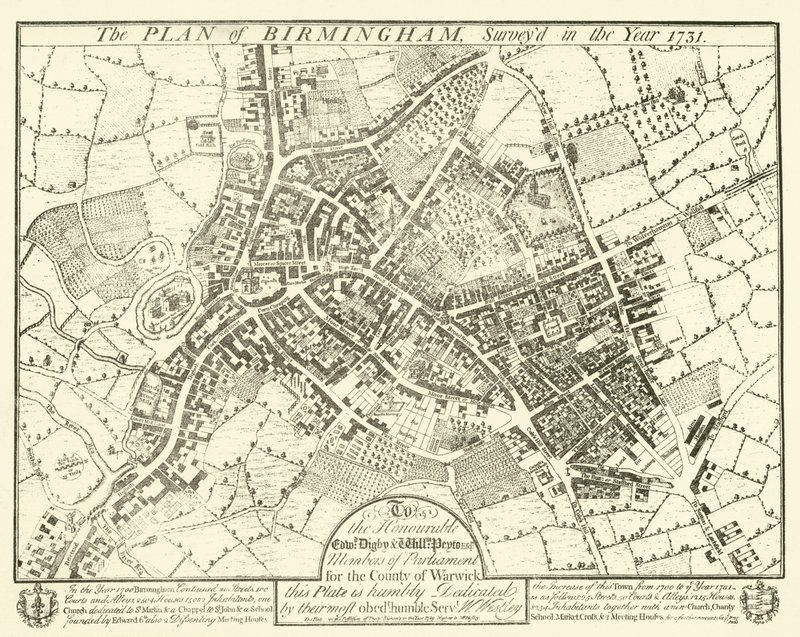 Het plan van Birmingham, onderzocht in het jaar 1731 door English School