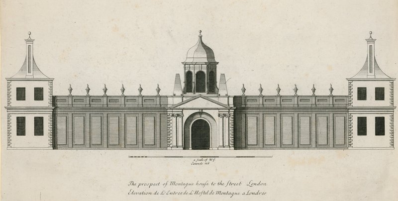 Het uitzicht van Montague House naar de straat, Londen door English School