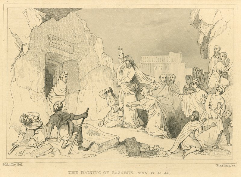 De opwekking van Lazarus, Johannes XI, 43-44 (gravure) door English School