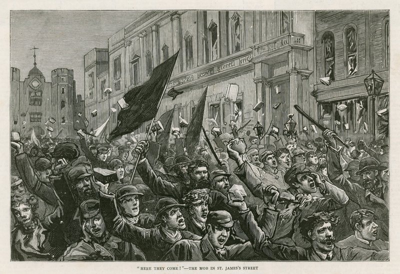 De rellen in West End van Londen, 8 februari 1886: Hier komen ze! - De menigte in St James