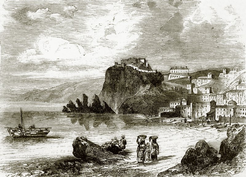 De rots en stad van Scylla, kust van Sicilië door English School