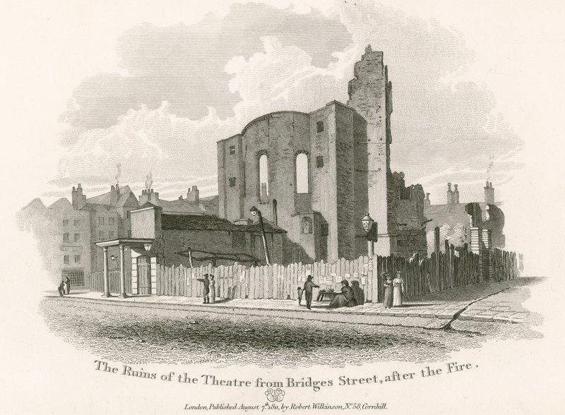De ruïnes van het Koninklijke Theater, Drury Lane, vanaf Bridges Street door English School