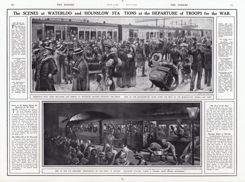 De scènes op Waterloo en Hounslow Stations bij het vertrek van troepen naar de oorlog, Eerste Wereldoorlog, augustus 1914 door English School
