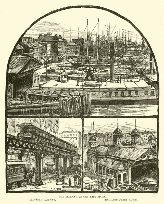 De scheepvaart op de East River; Verhoogde spoorweg; Hamilton veerhuis door English School