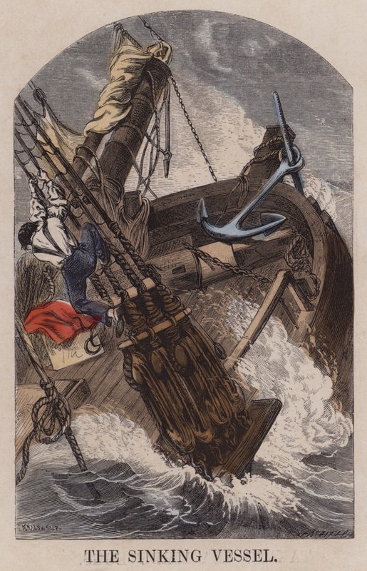 Het zinkende schip (gekleurde gravure) door English School