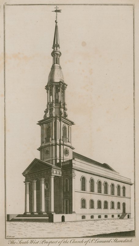Het zuidwestelijke uitzicht op de kerk van St Leonard, Shoreditch door English School