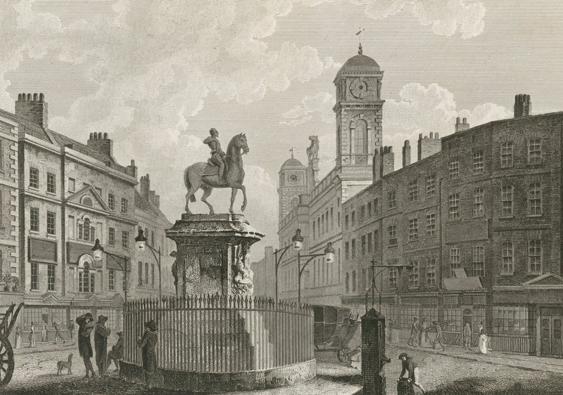 Het standbeeld van Karel I te paard door English School
