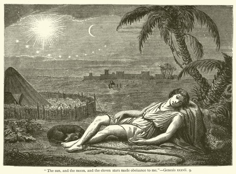 "De zon, de maan en de elf sterren bogen voor mij", Genesis, xxxvii, 9 (gravure) door English School