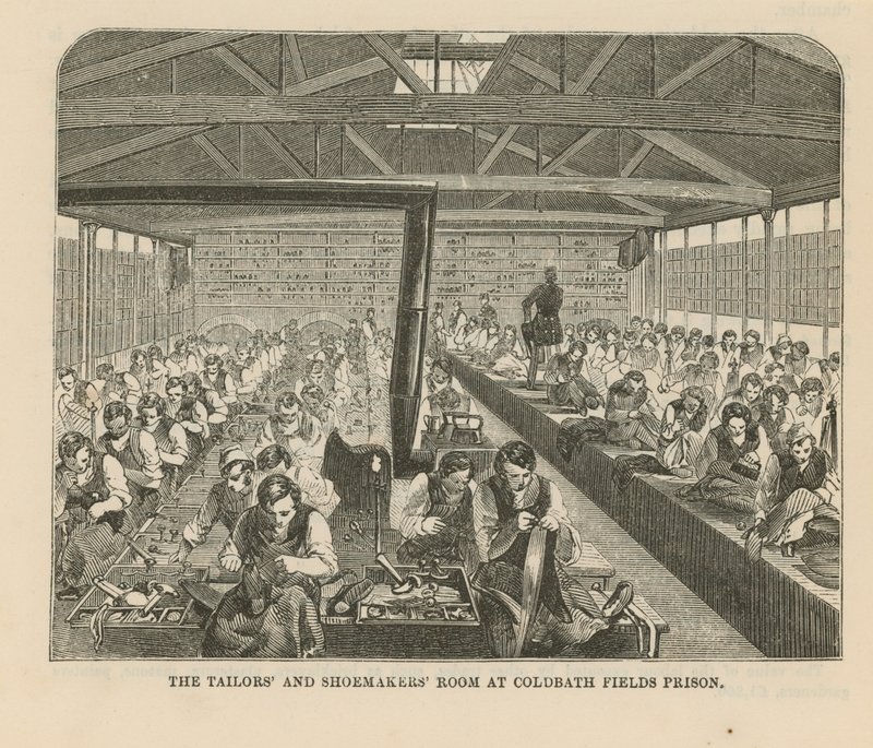 De kleermakers- en schoenmakerskamer in Coldbath Fields Prison door English School