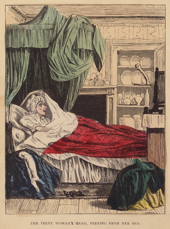 Het hoofd van de piepkleine vrouw, glurend vanuit haar bed door English School