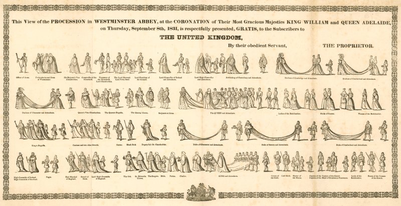 Het uitzicht op de processie in Westminster Abbey bij de kroning van Koning Willem IV en Koningin Adelaide door English School