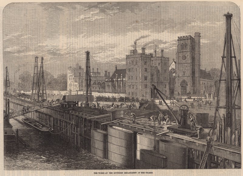 De werken aan de zuidelijke Embankment van de Thames door English School