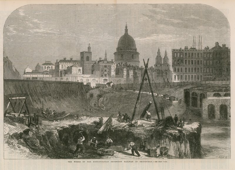 De werken van de Metropolitan Extension Railway in Smithfield door English School