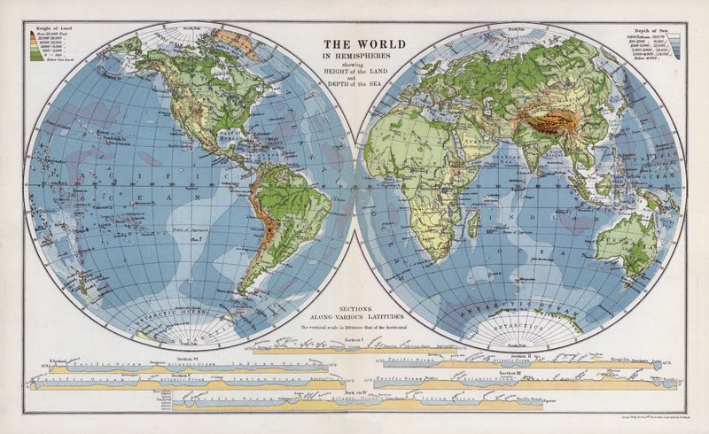 De wereld in hemisferen die de hoogte van het land en de diepte van de zee tonen door English School