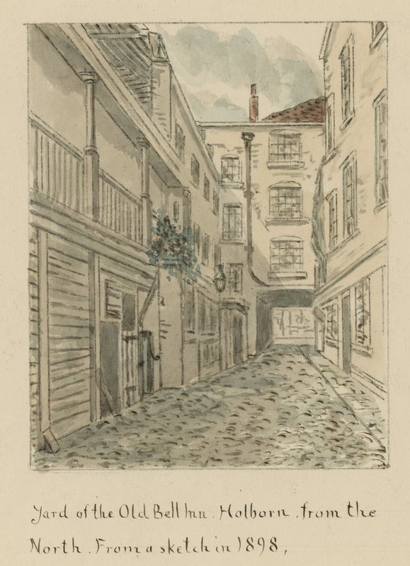 De binnenplaats van The Old Bell Inn, Holborn, Londen, vanuit het noorden door English School