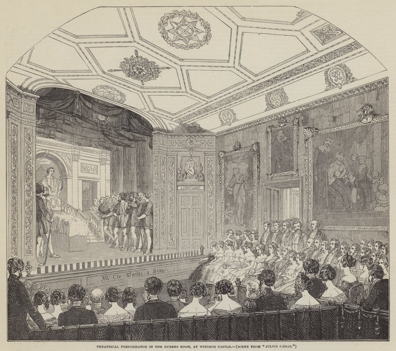 Theateruitvoering in de Rubenszaal, in Windsor Castle (gravure) door English School