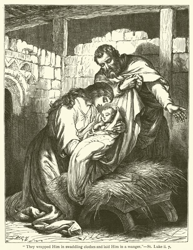 "Ze wikkelden Hem in doeken en legden Hem in een kribbe", Lucas, ii, 7 (gravure) door English School