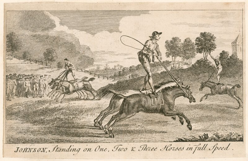 Thomas Johnson staand op één, twee en drie paarden in volle vaart door English School