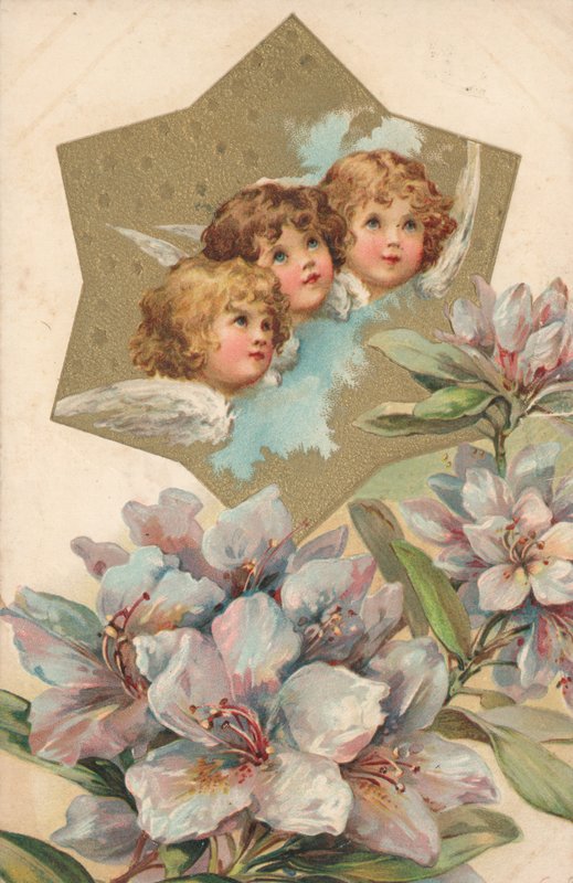 Drie cherubijnen in een afbeelding versierd met bloemen door English School